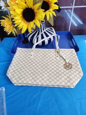 Monogram White/ Grey Tote Bag with Gold Charm